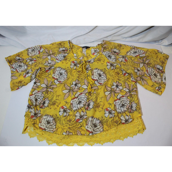 Unique Spectrum Yellow Floral Flare S/S Top Women's 2X Tassels Lace Hem Pullover - Picture 6 of 14